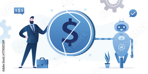 Working with AI. Human and machine collaboration, integrating artificial intelligence into work flow for making money. Businessman and robot connecting dollar coin
