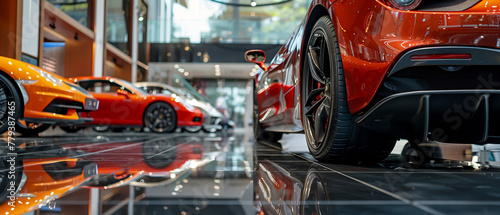 Luxury modern cars are showcased in the showroom