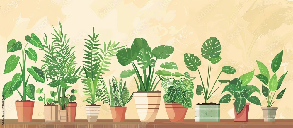 Obraz premium A row of houseplants in flowerpots are arranged neatly on a wooden shelf, adding a touch of greenery to the indoor landscape