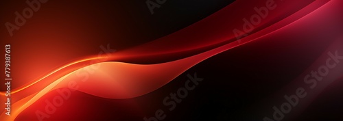 Red glowing abstract color gradient wave shape on black grainy background copy space