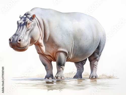 A standing hippo watercolor clipart illustration on white background