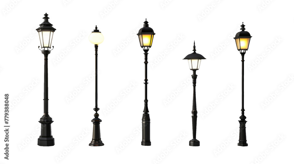 Collection set of Beautiful light park on transparent background. Lamp loft style. Lighting in design. Retro style.