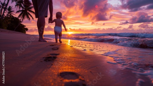 A child and an adult walking on a wet sandy beach at sunset, with the sky reflecting on the shoreline.