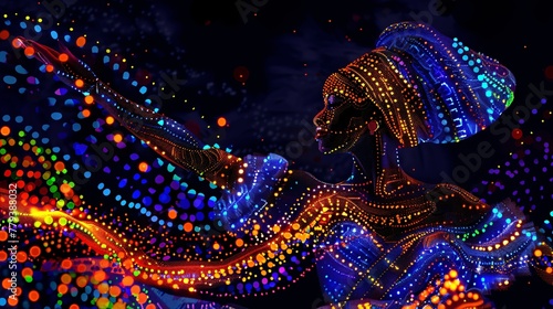 A black woman dancing in a traditional outfit depicted with vibrant and rhythmic colors in 3D embossed mosaic dots