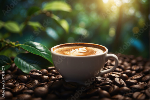 cup of coffee with beans, brazilian coffee plantation nature background photo