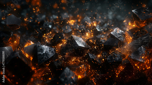 Background with black crystals. Black glass crystals with reflections of light. Abstract background with bokeh effect. AI generative