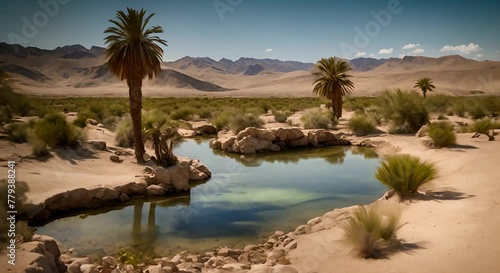 Wallpaper Mural A stunning oasis in a remote desert, where a peaceful body of water is framed by lush palm trees swaying gently in the breeze, landscape Torontodigital.ca