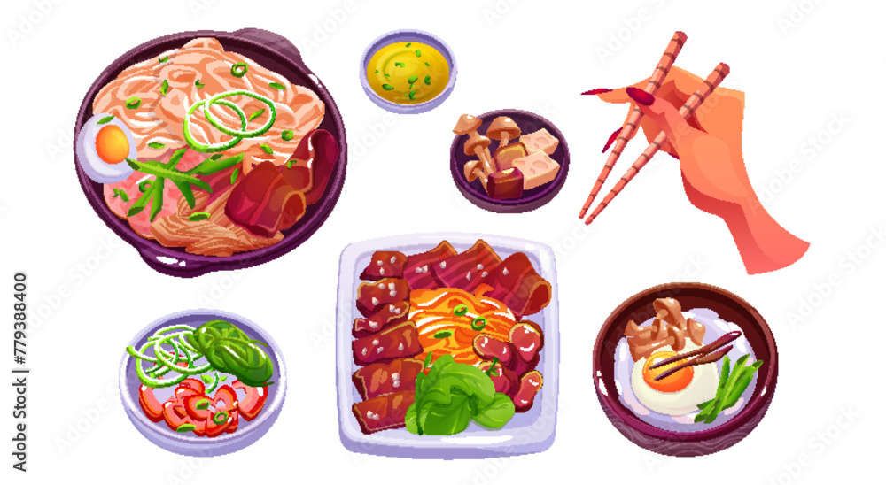 Korean food icon. Asian rice meal cartoon vector. Korea noodle, pork and meat dish isolated menu set. Cooked delicious bulgogi. Plate with mushroom, salad and stick in hand. Asia restaurant drawing - obrazy, fototapety, plakaty 
