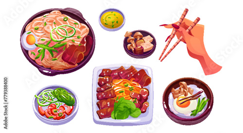 Korean food icon. Asian rice meal cartoon vector. Korea noodle, pork and meat dish isolated menu set. Cooked delicious bulgogi. Plate with mushroom, salad and stick in hand. Asia restaurant drawing