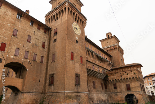 City of Ferrara, historic center, fortifications and castle surrounded by a moat. Squares and buildings in medieval style. Beautiful, unique Italian cities. World cultural heritage. Precious details. 