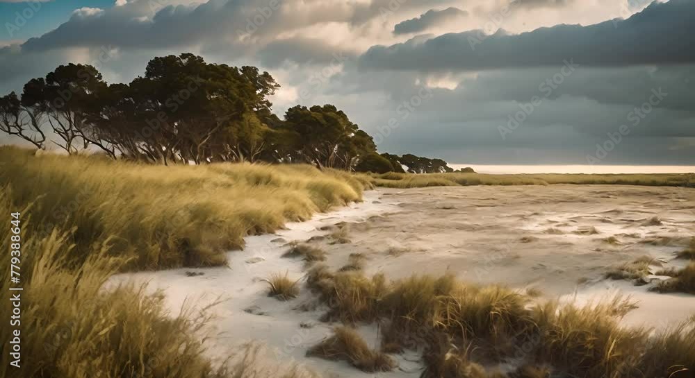 Step into a serene where tall, swaying grass meets the branches of ancient trees in a windswept coastal haven, landscape Step into a serene where tall, swaying grass meets the branches of ancient trees in a windswept coastal haven, landscape