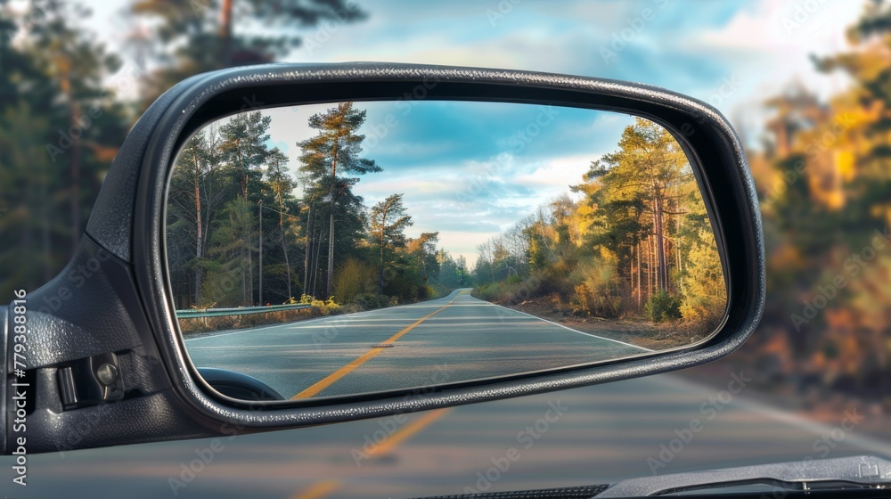 Rear view mirror in a car. Monitoring the road through the car's rear-view mirror. Rear view mirror in a car. Monitoring the road through the car's rear-view mirror.