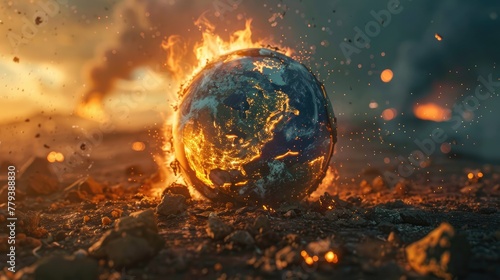 Earth globe destroyed by fire. Concept of global warming.