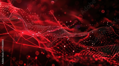Abstract red tech background with digital waves, Dynamic network system, Artificial neural connections, Technology background. photo
