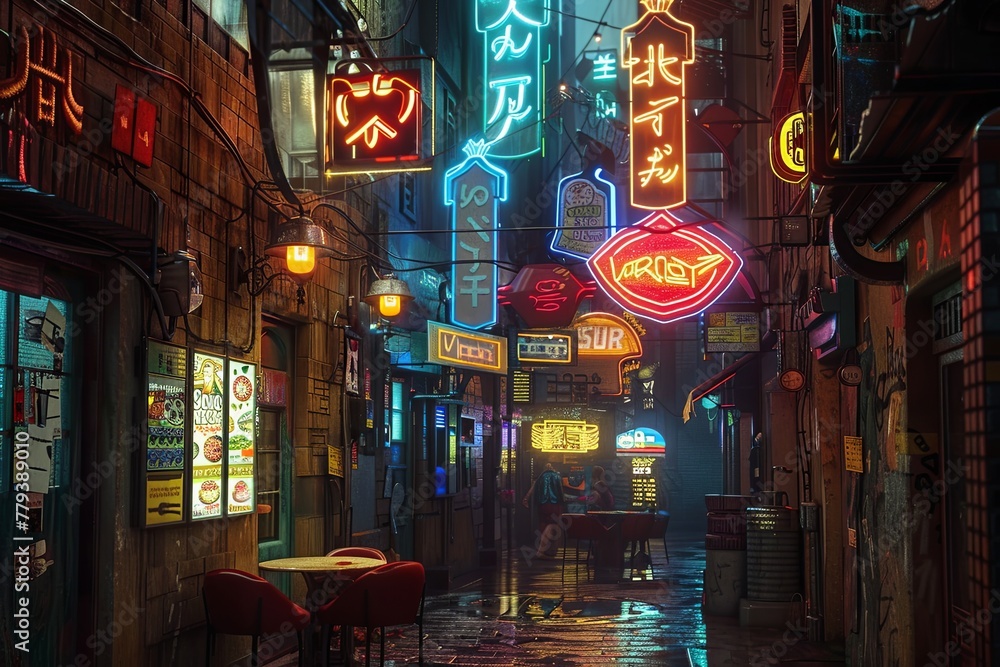 A busy city street lined with colorful neon signs, towering next to tall buildings. Generative AI