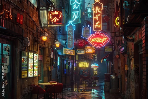A busy city street lined with colorful neon signs, towering next to tall buildings. Generative AI