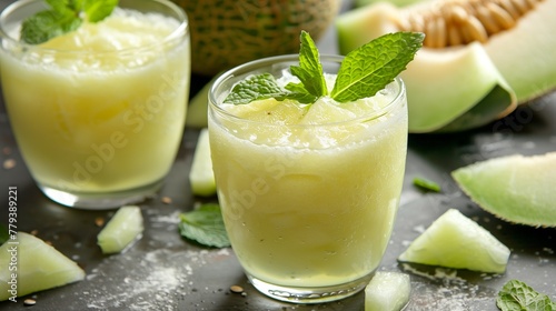 A refreshing honeydew smoothie in a glass, topped with a sprig of fresh mint. 
