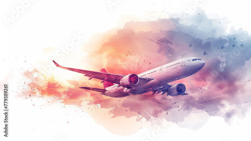 watercolor illustration of colorful plane with cloud