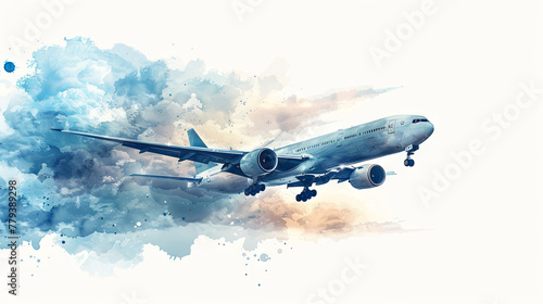 watercolor illustration of blue plane with cloud