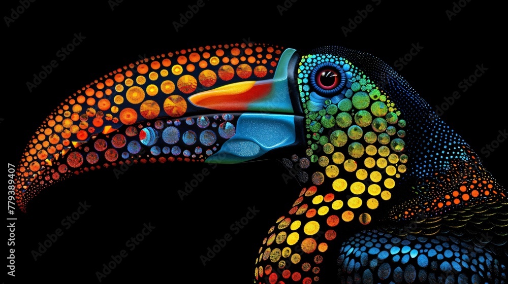 Fototapeta premium A colorful toucan its beak a rainbow of colors rendered in 3D embossed dots for a vibrant effect