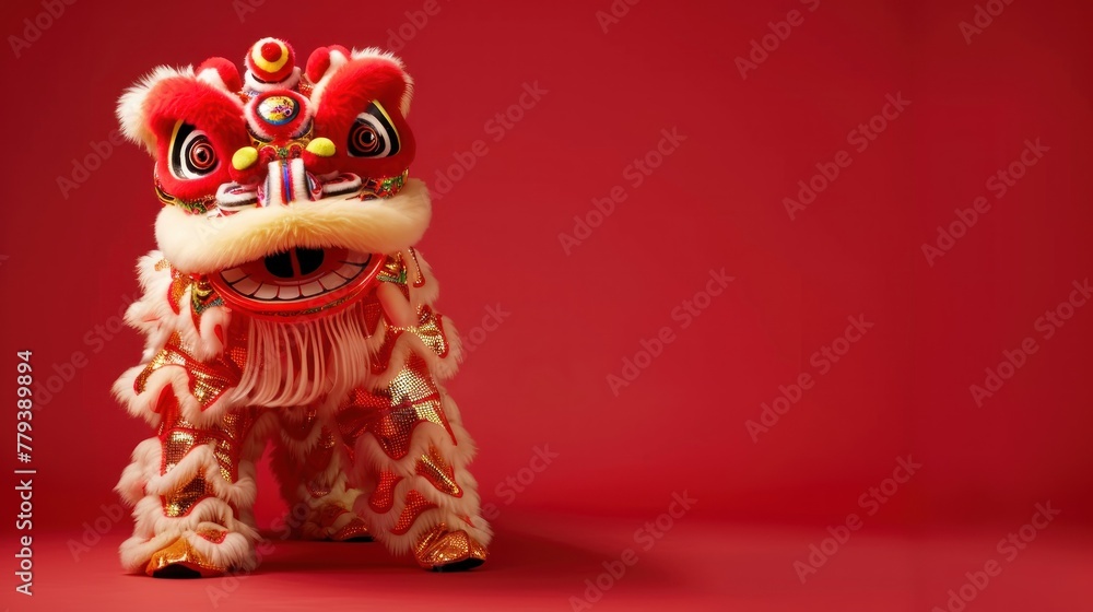 Chinese lion costume used during Chinese New Year celebration ,isolate on red background