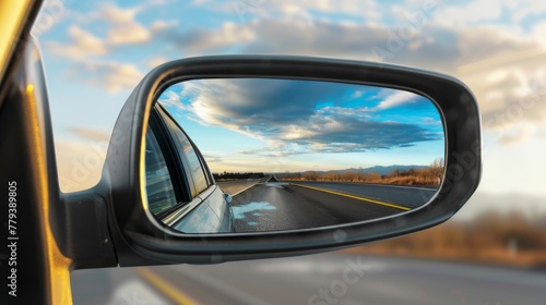 Rear view mirror in a car. Monitoring the road through the car's rear-view mirror.