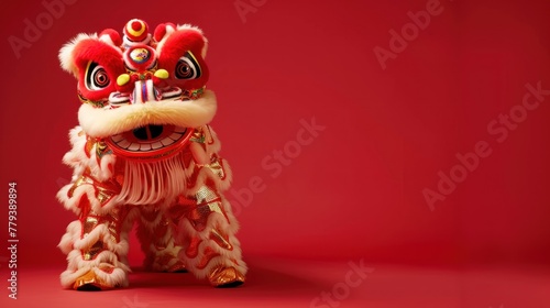 Chinese lion costume used during Chinese New Year celebration ,isolate on red background photo