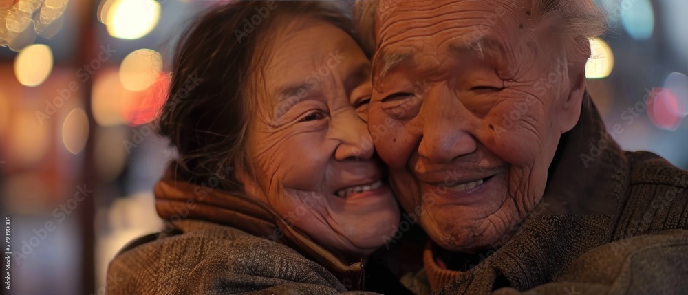 An elderly couple with loving smiles, embracing each other. An elderly couple with loving smiles, embracing each other.