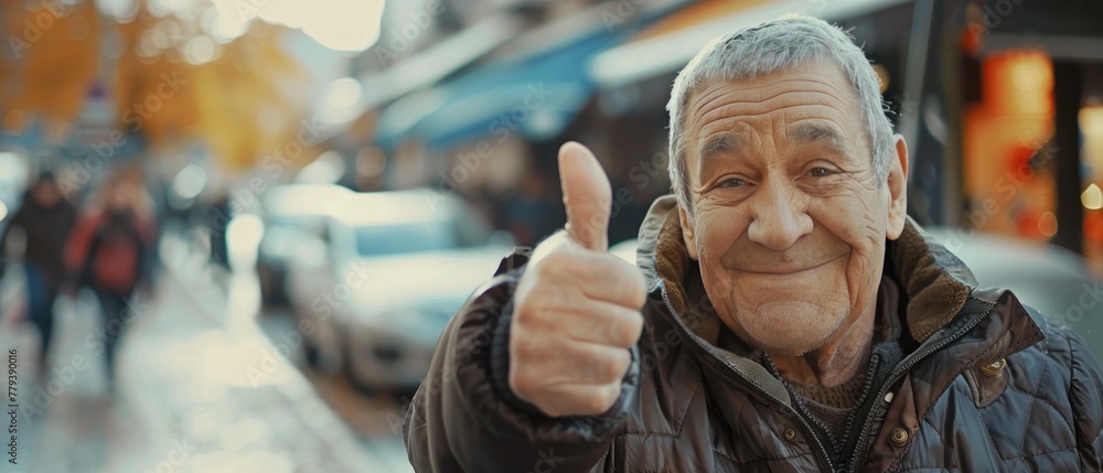 An elderly man a thumbs-up with a warm smile