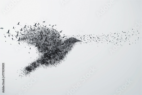 a large bird silhouette formed by a dispersed flock of smaller birds photo