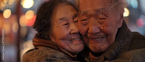 An elderly couple with loving smiles, embracing each other. © Mitzuha