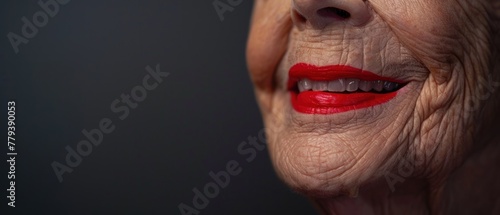 An elderly woman with a bright smile, wearing a red lipstick.