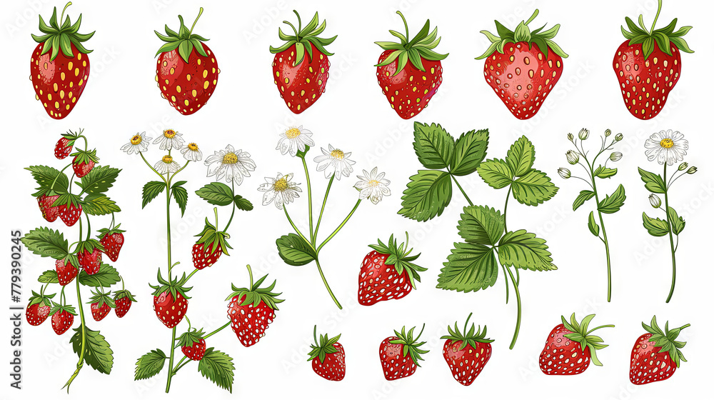 Set of leaves, fruit and flowers of strawberry isolated on the white background Set of leaves, fruit and flowers of strawberry isolated on the white background