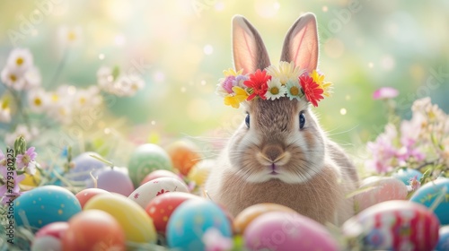 A cute organism, a bunny, adorned with a crown made of terrestrial plant petals, is joyfully surrounded by colorful easter eggs. It looks happy and ready for the festive event AIG42E