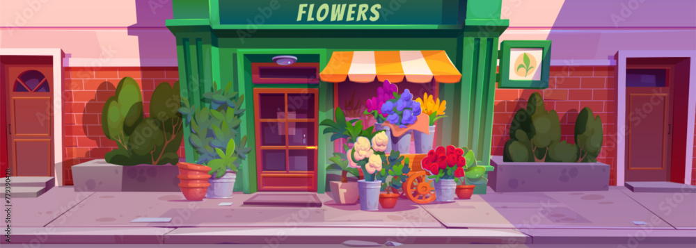 Obraz premium Flower shop facade in city street. Vector cartoon illustration florist store front with wooden door and window, flowerpots and color bouquets in buckets, green bushes on pavement, red brick wall