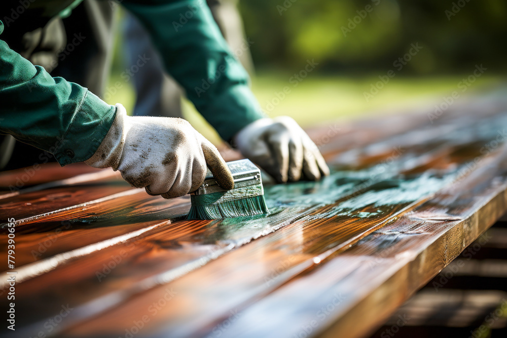 Staining a Wooden Bench Outdoors