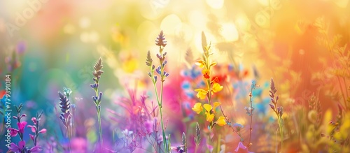 abstract blurred floral background. field of colorful wildflowers at sunrise painted with oil paints. colors of rainbow  #779391084