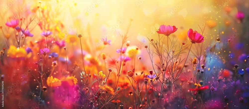 abstract blurred floral background. field of colorful wildflowers at sunrise painted with oil paints. colors of rainbow