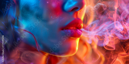 Abstract Beauty: Woman with Neon Makeup and Swirling Smoke