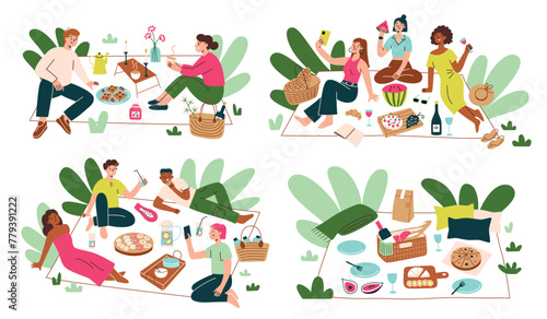 Picnic scenes with people. Friends spend time outdoors, eating food, drinking. Flat cartoon picnic baskets, meals set. Vector illustration of family having lunch in park. Romantic date in nature