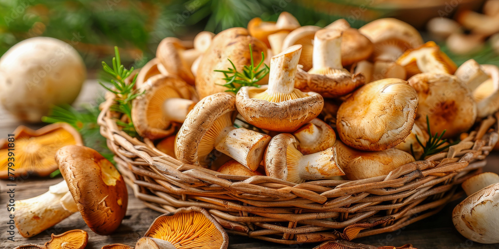 Fresh Assorted Mushrooms in Rustic Wicker Basket Fresh Assorted Mushrooms in Rustic Wicker Basket