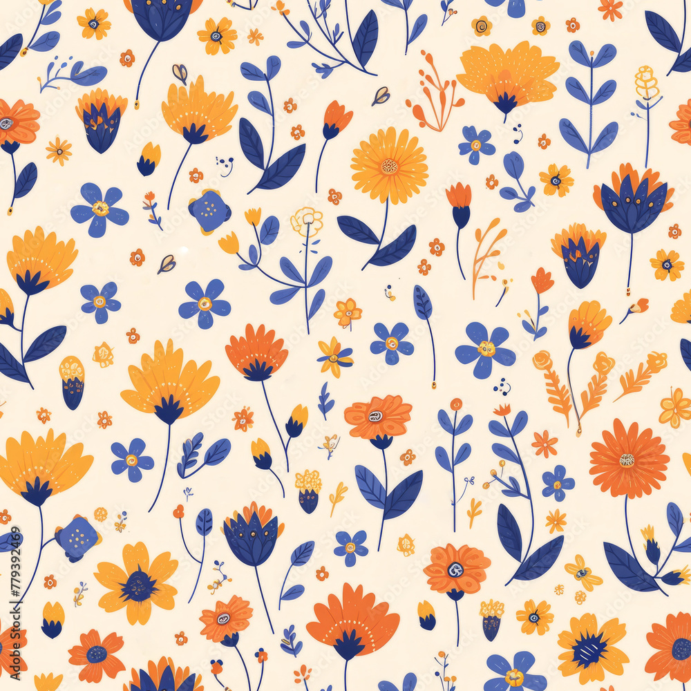 Seamless pattern of stylized blue and orange flowers with greenery on a pale background.
