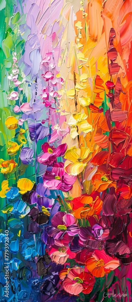 Naklejka premium bright colorful flowers and rainbow painted with oil paints. colors of rainbow