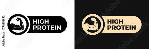 Premium High Protein label vector design for packaging. High Protein product icon gold illustration, logo, symbol, sign, stamp, tag, emblem, mark or seal for package. Rich source of fiber sticker.