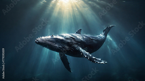 Humpback whale swimming underwater with sunrays. 3D rendering photo
