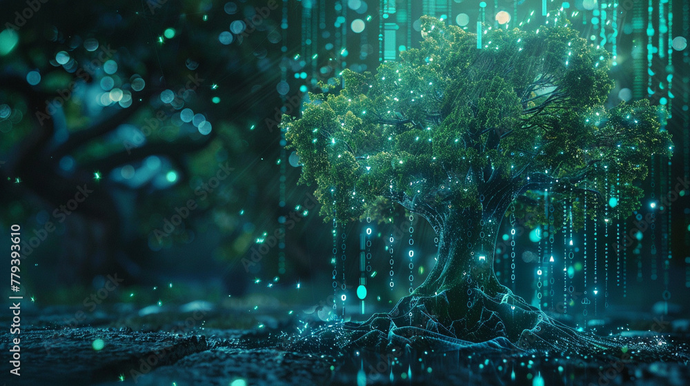 A futuristic depiction of a tree morphing into a digital currency display,