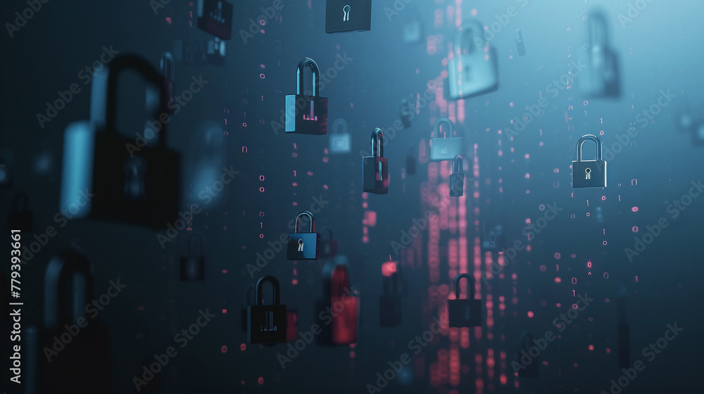 Naklejka premium A minimalist design featuring digital padlocks floating in a sea of binary code,