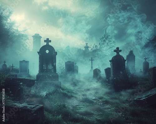A haunting graveyard with mist swirling around ancient tombstones,