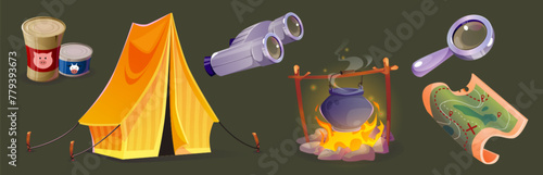 Camping tourist equipment for outdoor adventure. Cartoon vector set of hiking and eco travel gear - standing tent and pot on campfire, paper map and magnifying glass, binocular and canned food.