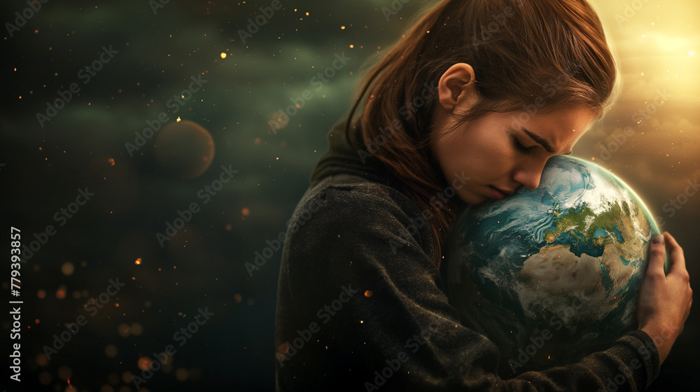 Naklejka premium Woman hugging a deteriorating earth